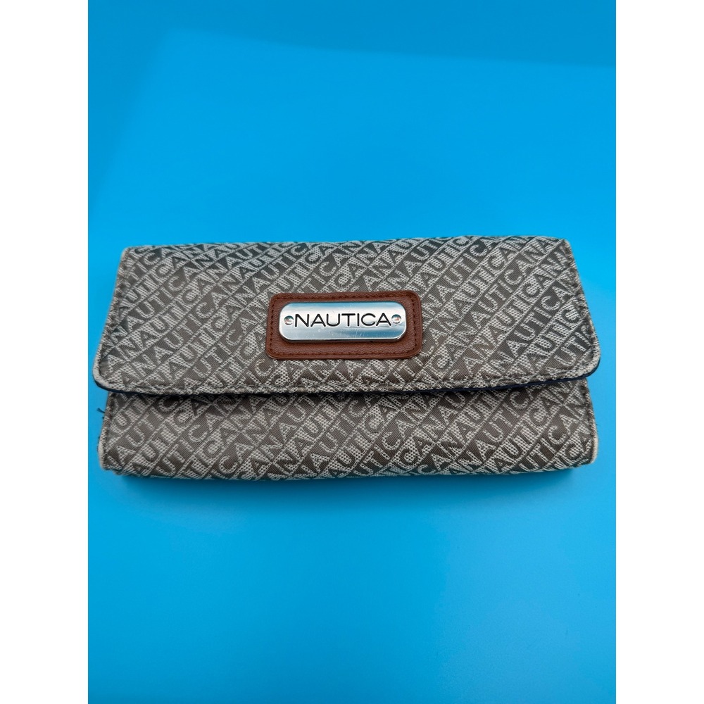 Nautica Trifold Wallet Women OS Brown Excellent RFID Logo Monogram Snap Clutch